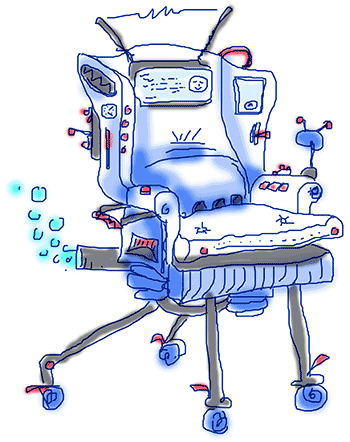 Cartoon of chair with too many features.