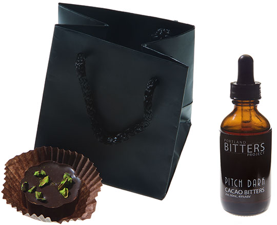 Product Shot for Pitch Dark Chocolate - Single Bonbon with Bag + Bitters