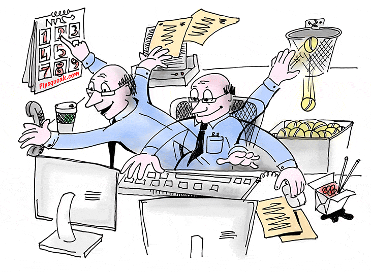 Cartoon of a man doing many things at the same time - multitasking.